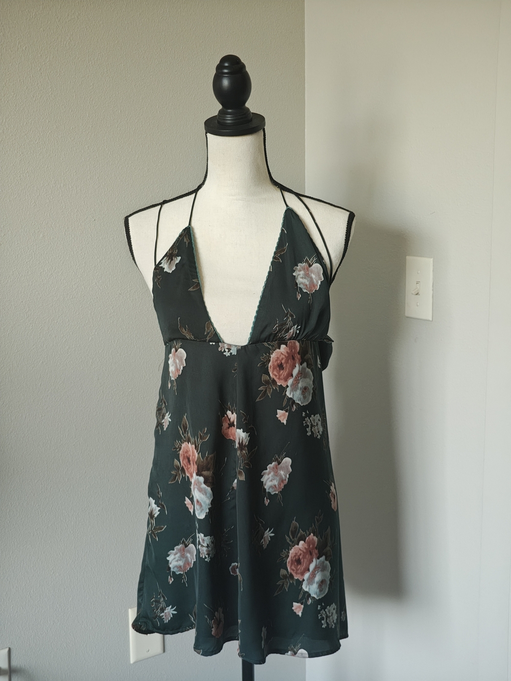 Cotton Candy Floral Halter Mini Dress - Dark Green with Pink Blooms